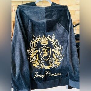 Juicy Couture Black Velour Hoodie with Gold Logo Embellishment XL